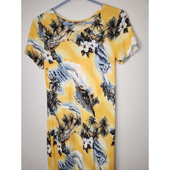 Vintage Hilo Hattie Dress Womens XS Yellow Blue Maxi Hawaiian Palm Tree Tropic - Picture 4 of 5
